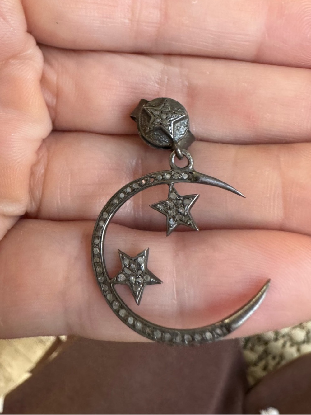 Vintage Sterling Silver Crescent Moon and Star Earring w/ Micro Pave Diamonds